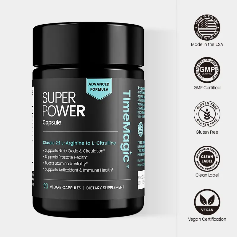 TimeMagic SUPERPOWER 8-in-1 Men's Testosterone Support Supplement - D-Aspartic Acid, Panax Ginseng Extract, Zinc, Selenium, Magnesium, L-Arginine, Boost Energy, FDA Registered, Third-Party Tested, 90 Caps Clean Label Herbal & Mineral Capsules for Adults
