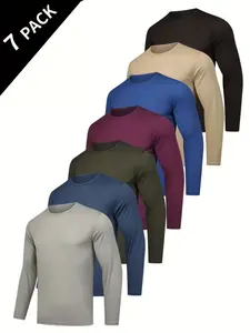 Men's 7-Piece Long Sleeve T-Shirt Set, Comfortable Breathable Slim Fit, Casual Spring & Fall Wear, Daily, Home Lining