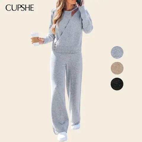 CUPSHE Women's 2-Piece Lady's Nightwear Loungewear Pajama Set - Round Neck Long Sleeve Basic Knit Cozy Sweater (Grey), Loose Fit 94%Polyester 6%Wool Warm Pants, Casual Minimalist Fall Clothes, Hand Wash Only, Layering Ready, Pajama Pants