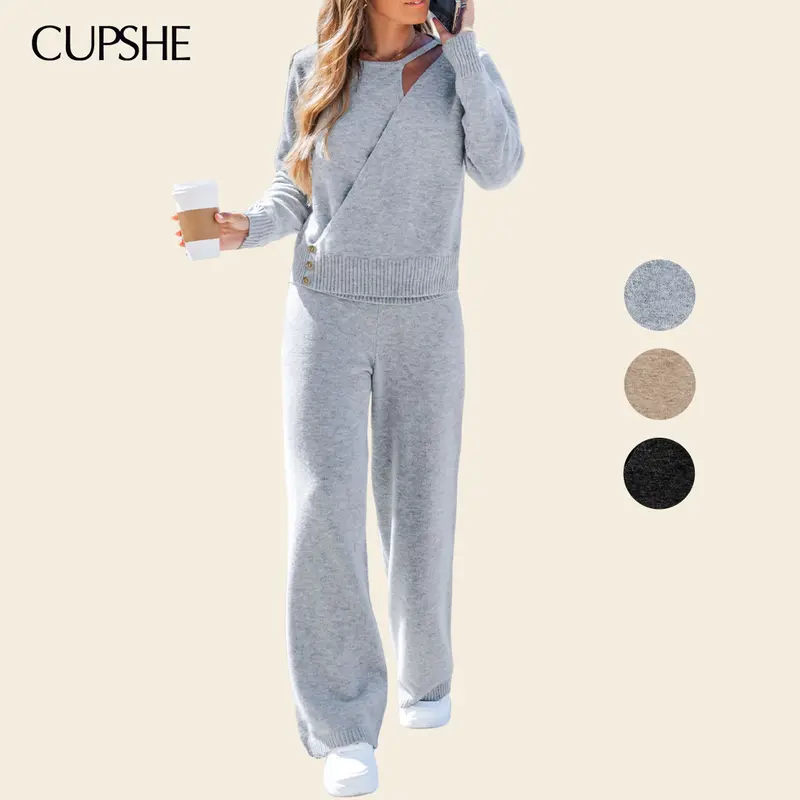 CUPSHE Women's 2-Piece Lady's Nightwear Loungewear Pajama Set - Round Neck Long Sleeve Basic Knit Cozy Sweater (Grey), Loose Fit 94%Polyester 6%Wool Warm Pants, Casual Minimalist Fall Clothes, Hand Wash Only, Layering Ready, Pajama Pants