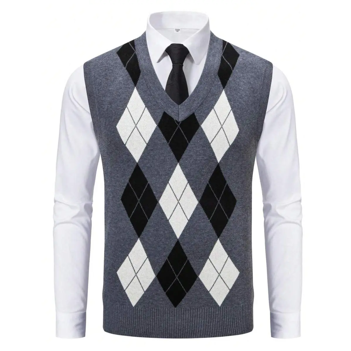Men's Argyle Print Polyester Stretch Sleeveless V-Neck Pullover Vest, Hem-Designed Casual Menswear Tops for Daily Wear, Outdoor Activities