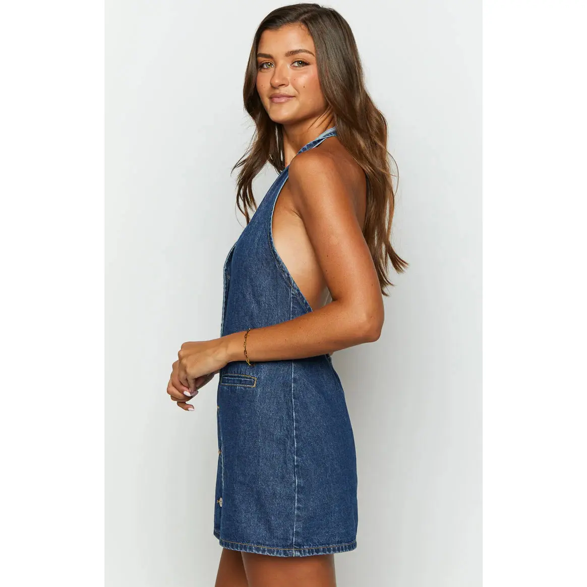 denim halter neck mini dress Louise Halter Denim Dress Large
