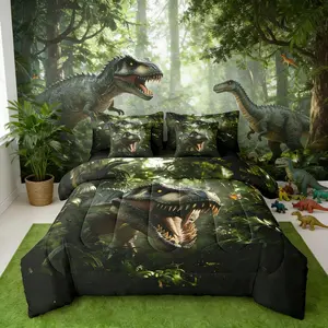 Dino 7 Piece Bedding Set for Kids Boys Girls Dinosaur Comforter Set with Sheets,Pillowcases & Cushion Cover 3D Dino Print Wildlife Bed in a Bag Bedroom Decor Soft Microfiber Wild Animal