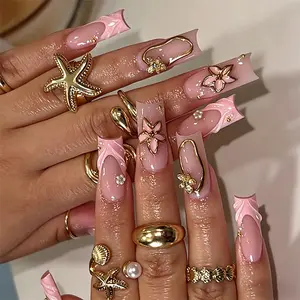 24 Pcs 3D Gel Nail Stickers, Ocean Theme Nails, 3D Flowers, Flower Design Nails, Wave Decor, French Square Style, Acrylic False Nails, Perfect for Women and Girls