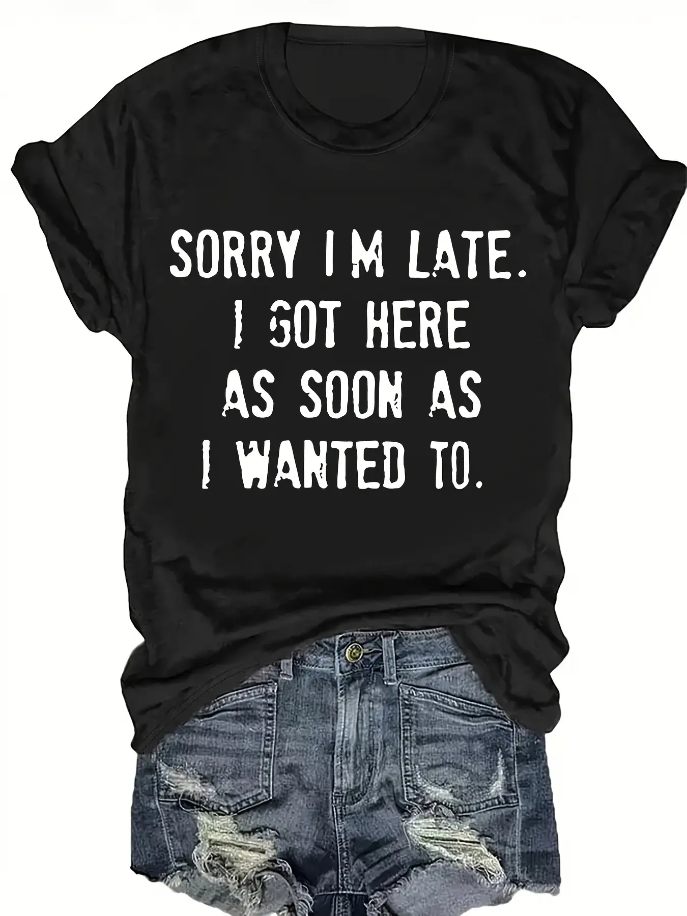 [Humorous Apology Letter T-Shirt]Humorous "Sorry, I'm Late" Print- Women's Breathable Polyester Short Sleeve Crew Neck T-Shirt, Machine Washable