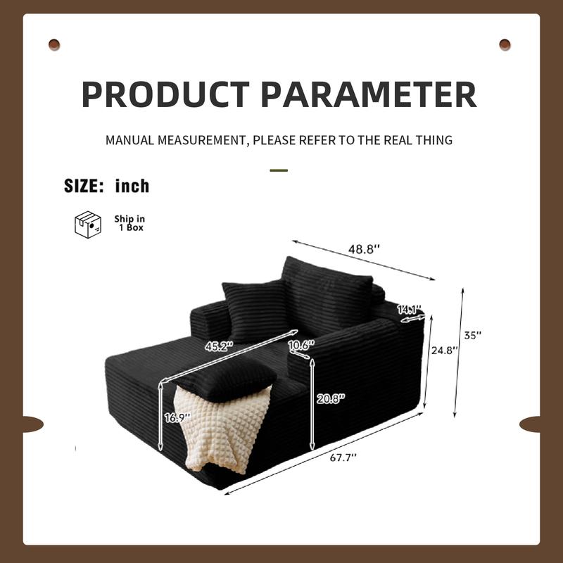 Oversized Boneless Chaise Lounge Upholstered Sofa Bed with Throw Pillows and Armrests Indoor Sleeper Chair Luxurious Plush Corduroy Chair Bed for Living Room No Assembly Required Black Color