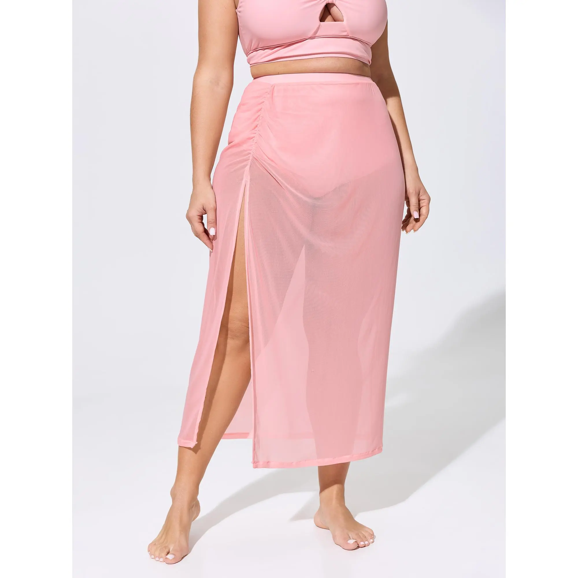 BloomChic Women's Plus Size Sarong Swim Bottoms, High-Waisted Sheer Mesh Cover-Up with Tummy Control and Built-In Brief, Elastic Waistband, Swimsuits Tummy Control, Female, Nylon, Sheer Panel, Poolside Wear, High Rise, Spandex Mix, Chlorine Resistant, Swi