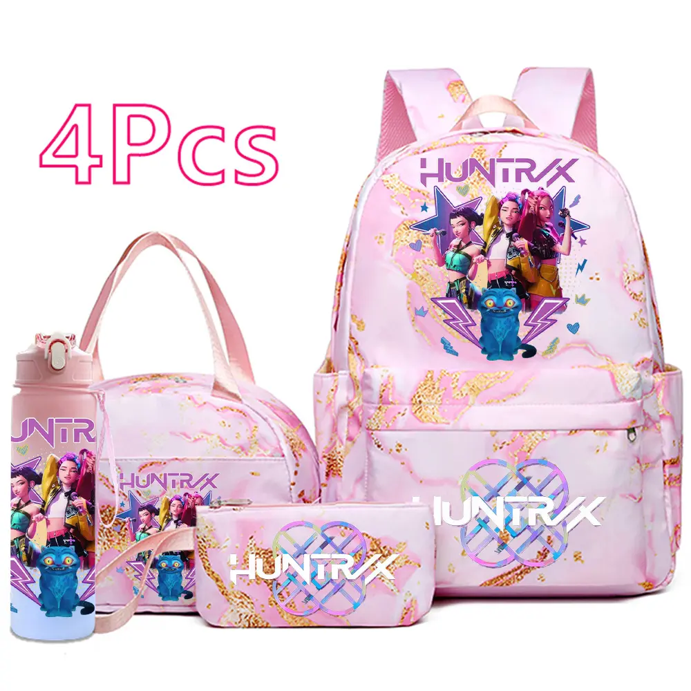 2026 HUNTR/X Black KPop Backpack Pink Set 4PCS | Girls School Bag with Lunch Bag & Water Bottle