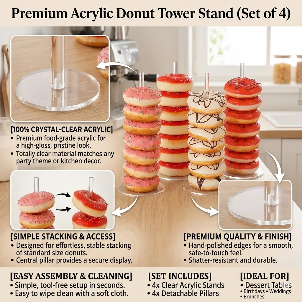 4pcs Acrylic Donut Display Stand, Transparent Doughnut Holder Rack, Dessert Table Decor for Birthday, Wedding, Bridal Shower Party Supplies
