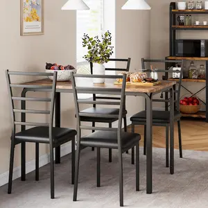 5 Piece Dining Table Set, Modern & Retro Kitchen Table Furniture for Dining Room, Compact Space-Saving Table Set, Metal Frame Wood Tabletop, 4 Upholstered Pu Chairs，Brown