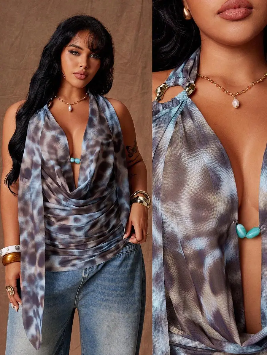 ORLINA Casual Elegant Sexy Mesh Sheer Top, Leopard Print Y2K Plunging Neck Ruffle Backless Spaghetti Strap Camisole Tank Top, Plus Size For Summer