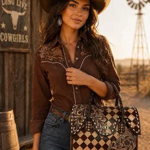 Western Tooled Checkerboard Leather Handbag