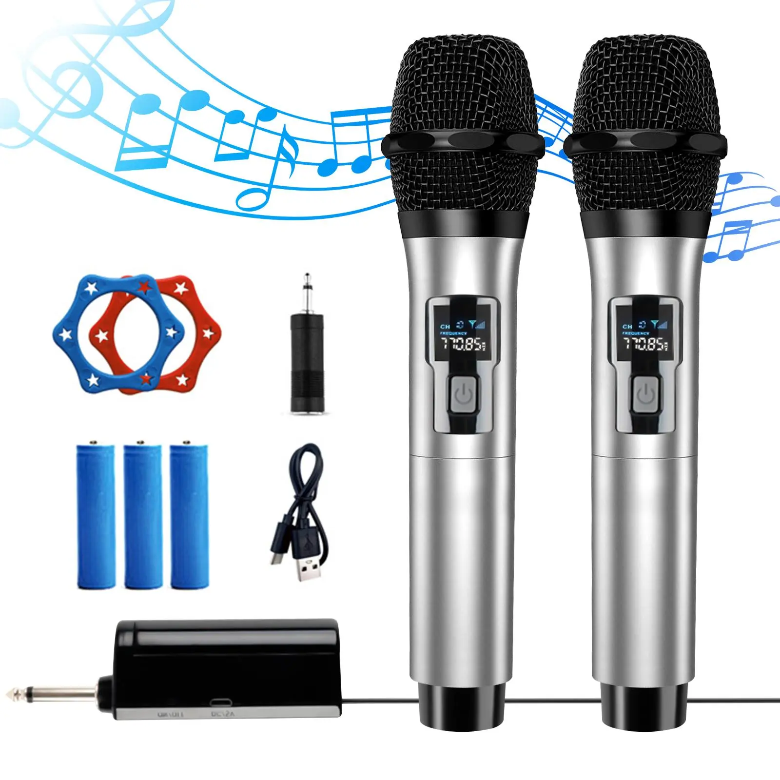 【BackToSchool】2Pcs Professional VHF Wireless Handheld Microphone System with Rechargeable Receiver, Adapter, Plug, 6H Charging Duration, 100ft Range, Noise Reduction, Compatible with Multiple Devices for Singing, Church, Speech