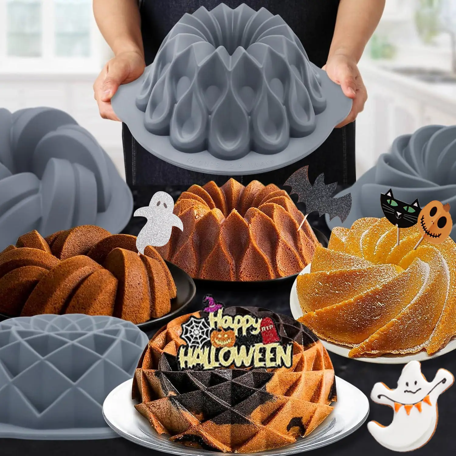 4-Pieces, Silicone fluted cake pan, and used for making Halloween Mu Si, chocolate, custard, brownies, bread, d also used for Flan, Meatloaf and jelly
