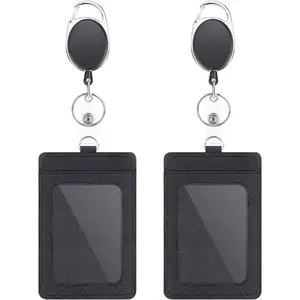 2 Pack Badge Holders and Heavy Duty Retractable Reel Clips Set, Vertical Leather ID Badge Holders with 1 Clear ID Window & 2 Credit Card Slots (Black-2pcs)'