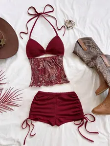 Meghana Summer Beach Vacation Outfit Red Vintage Halter Backless Top and Ruched Drawstring Shorts Set