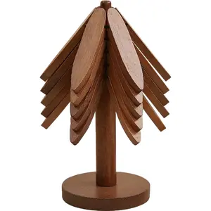 TUSEASY Thermal Aesthetic Wooden Tree Coaster Set - 5-Piece Foldable Desk Decor, Drink Mat, Minimalist Coffee Table Accessory, Cute Novelty Home Gift (Tableware)