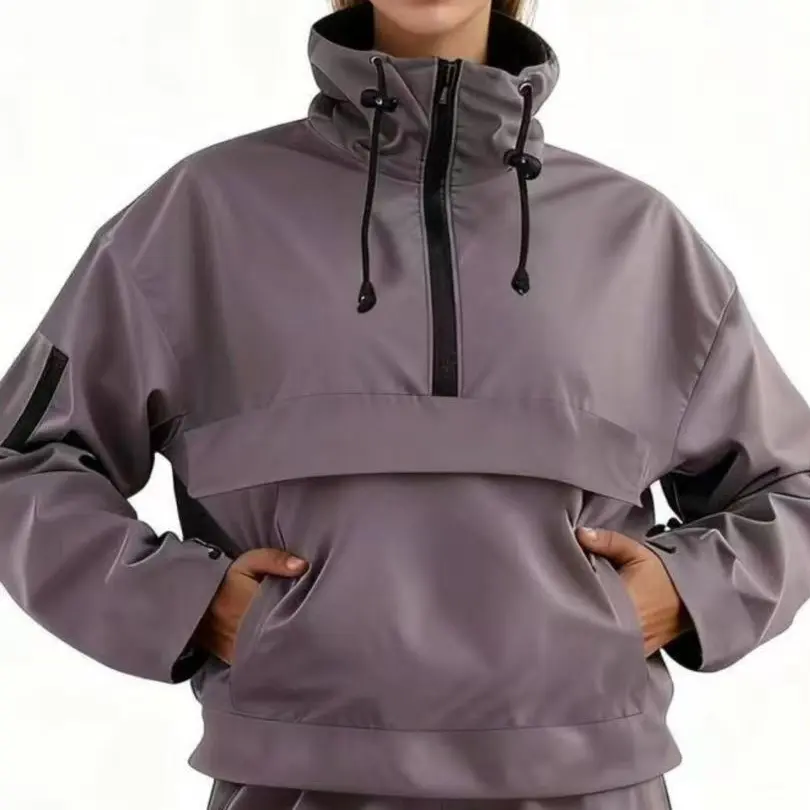 Waterproof Relaxed Fit Hoodie Coat Warm Half Zip Rain Jacket With Adjustable Waist,Hood & Cuffs,Large Kangaroo Pocket,Shell Jacket,Ski Jacket,Spring Jacket,Windbreaker,Dog Walking,School Running,Football Mum,Stylish,Womenswear