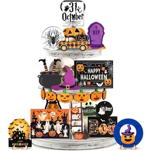 19 Pcs Halloween Tiered Tray Decor Cute Wooden Signs Rustic Halloween Tiered Tray with Stand and Dot Stickers Decor Farmhouse Ghost, Witches, October 31 Sign, Pumpkin Trick or Treat Blocks Decorations