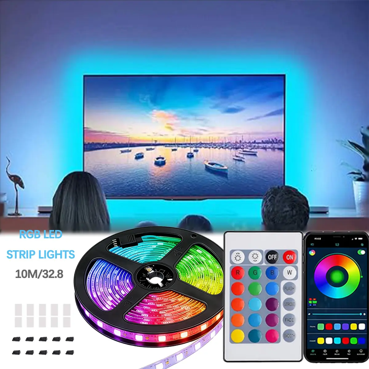10M App Controlled Smart & 24 key Controller  RGB LED Strip Lights, Music Sync Party Mode & Ambiance Mood Lighting, DIY Colors, Color Changing LED Tape for Bedroom Living Room Kitchen Home Decor, Immersive Room Vibes, Strong Adhesive Backing