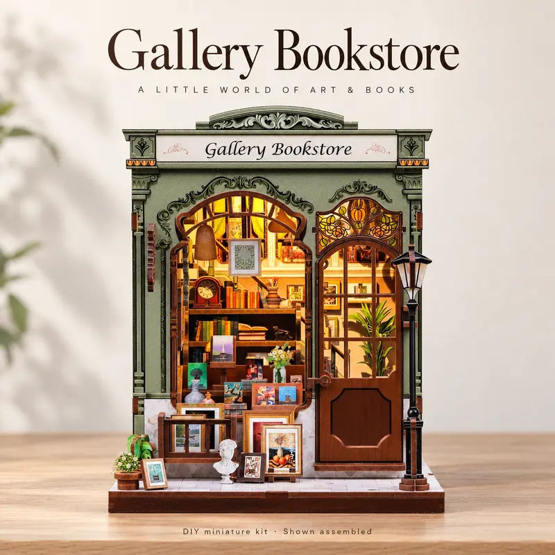 CUTEBEE Gallery Bookshop 3D Wood Puzzle Fun DIY Miniature House Kit with LED Lights, Miniature Set for Adults 13+, Handmade Stress Relief Craft, Home Decor & Gift for Birthdays, Book Club Celebrations, Christmas