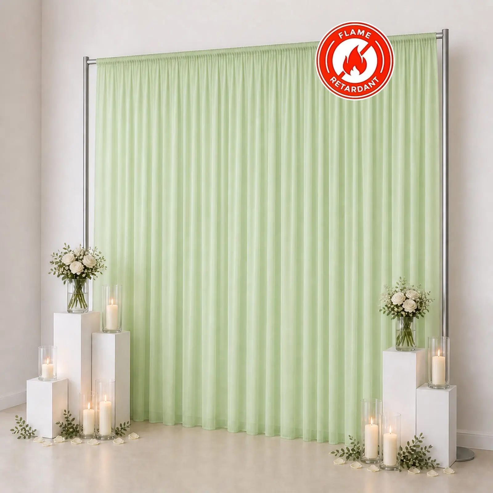 10ft x 12ft Chiffon Backdrop Curtain Panel – Sage Green Durable Flame Resistant Sheer Draping Fabric with Rod Pocket