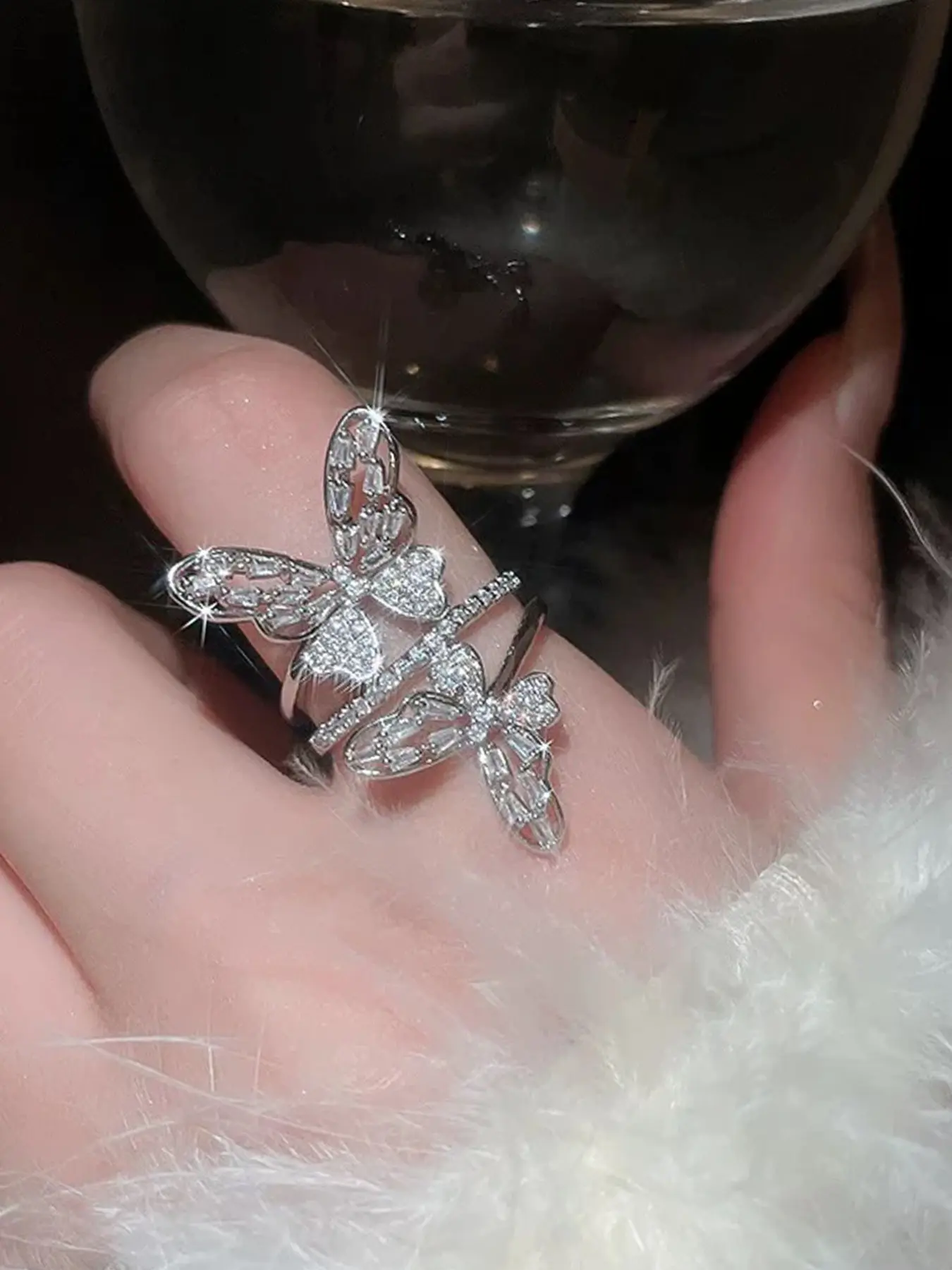 Elegant Butterfly Zirconia Ring, Adjustable Open Design, Perfect for Parties & Events, Copper Material, Women's Single Finger Jewelry