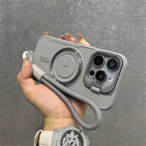 Luxury Flip Up Lens Holder Magnetic Case for iPhone 17 15 14 13 12 16 Pro Max 16 Plus Fashion Nylon Wristband Lanyard Soft Cover