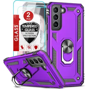 for Samsung Galaxy S21FE 5G Case, S21 FE Phone Case with [2 Pack] Tempered Glass Screen Protector, [Military-Grade] Protective Phone Case Cover Ring Kickstand for Samsung S21 FE 5G, Purple