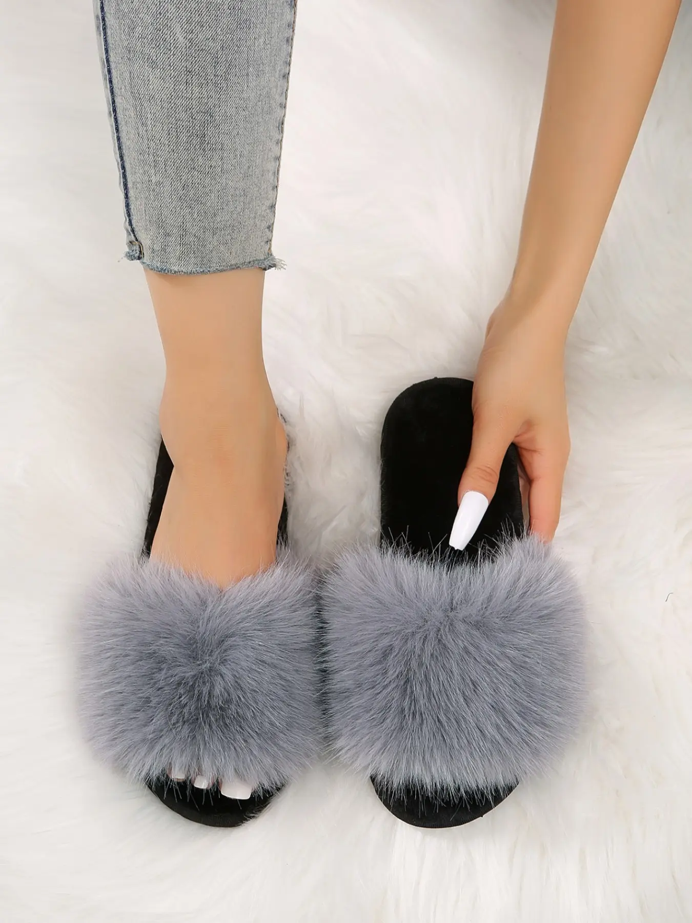Women's Multi-Color Soft Plush Slide Slippers, Casual Textile Upper, Rubber Sole, All Seasons, Plain Pattern, Less Than Ankle Height, Flat, Footwear