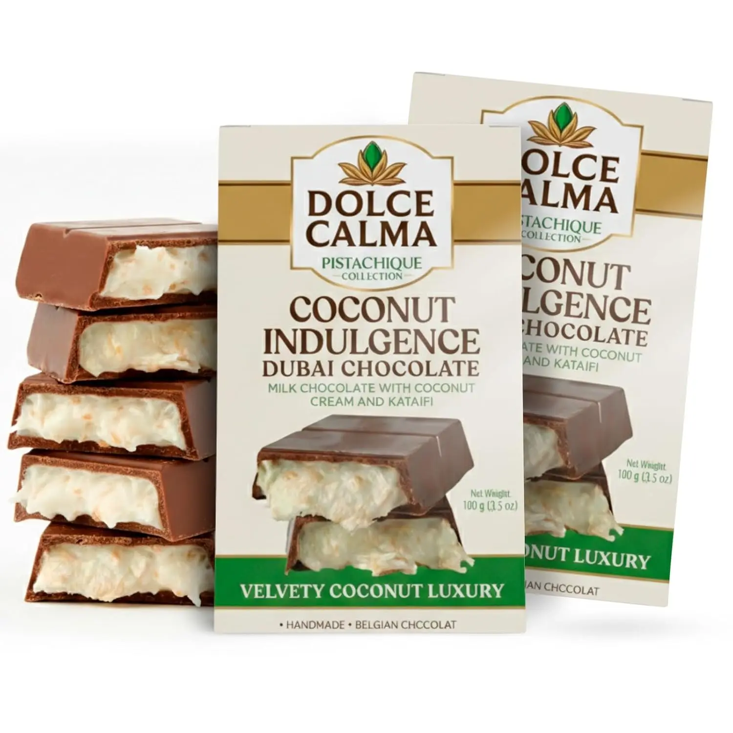 Dolce Calma Coconut Dubai Chocolate Bar Ships With Two Ice Gel Packs – Authentic Handmade Belgian Chocolate with Turkish Pistachio & Crispy Kataifi, Kunafa Filling, No Palm Oil, (100g / 3.5oz) Pack of 3