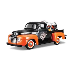 1948 Ford F-1 Truck Orange & Black w/ 1958 Harley Davidson FLH Duo Glide Diecast 1:24 Scale Model - Maisto 32180BKOR