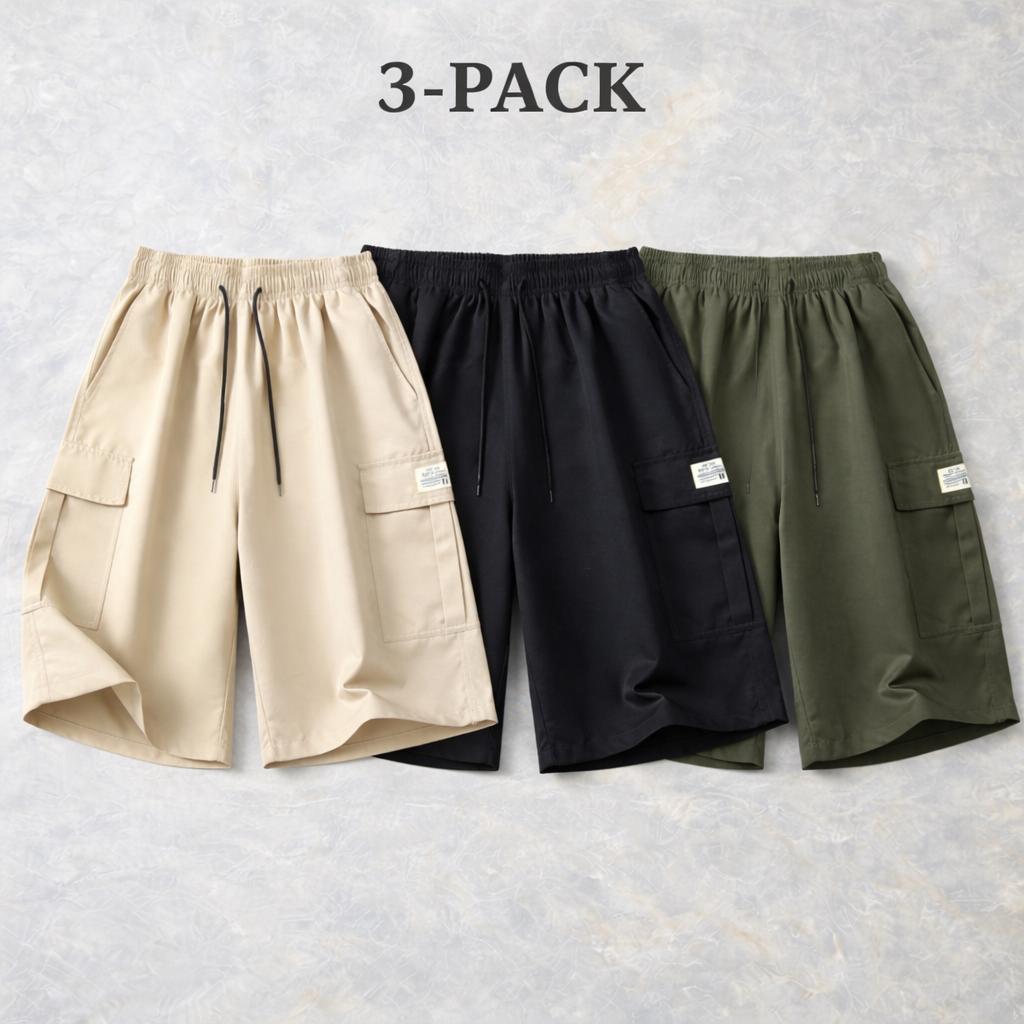 5-pack men’s cargo shorts for summer—loose fit with elastic waistband and drawstring, large side pockets and patch details, windproof breathable fabric, made from wear-resistant material; ideal for casual summer outdoor wear and a wardrobe essential for s