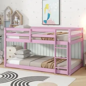 Formaldehyde-free pure solid wood, Solid Rubber Wooden Twin over Twin Floor Bunk Bed with Ladder, with Bed Platform of Strengthened Slats