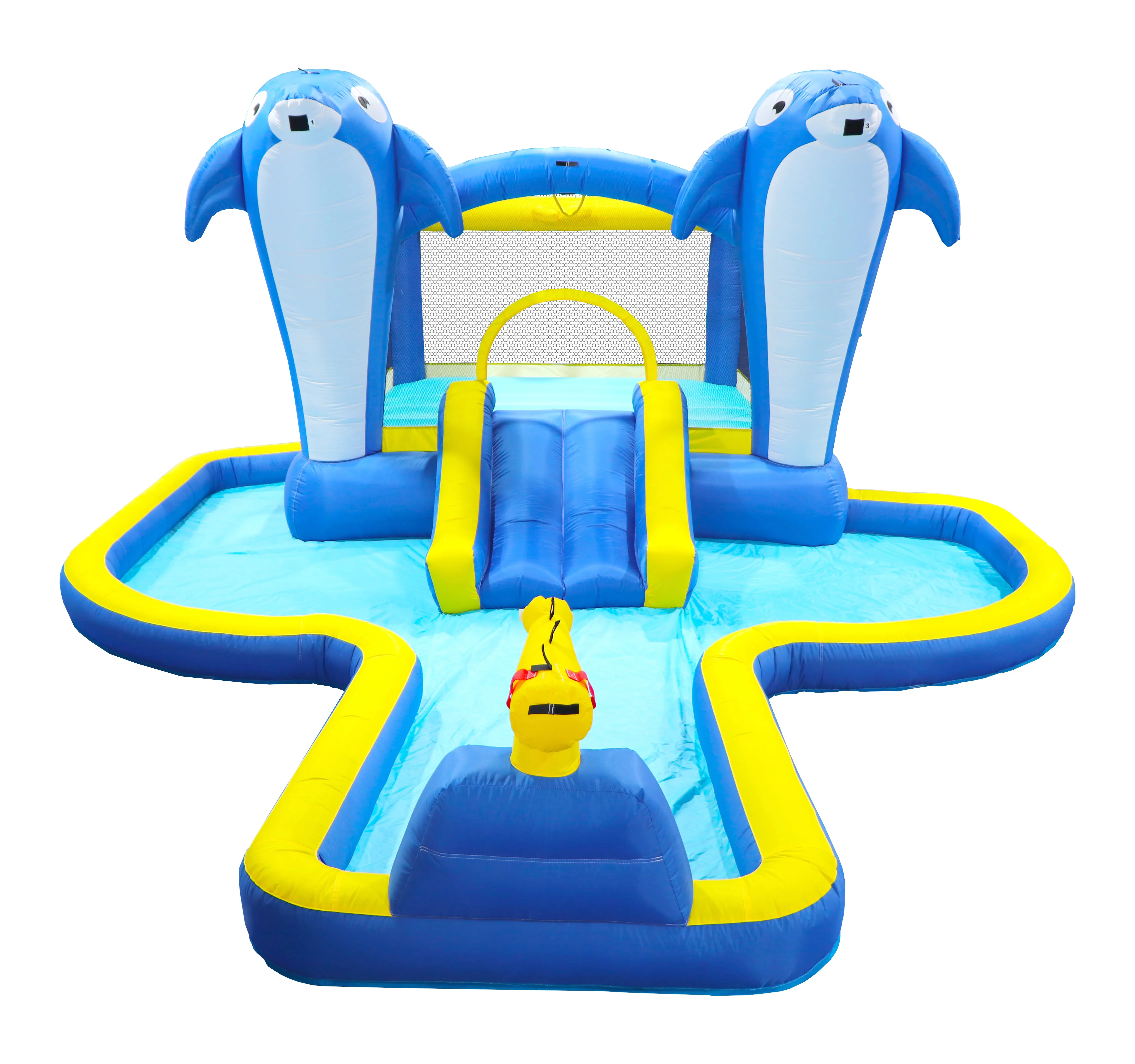 8 in 1 Inflatable Water Slide Park, Bounce House Trampoline with Dolphin Sprinkler, Water Gun, Target Games & Basketball Hoop, Outdoor Backyard Garden Kids Water Play Castle, Oxford Fabric
