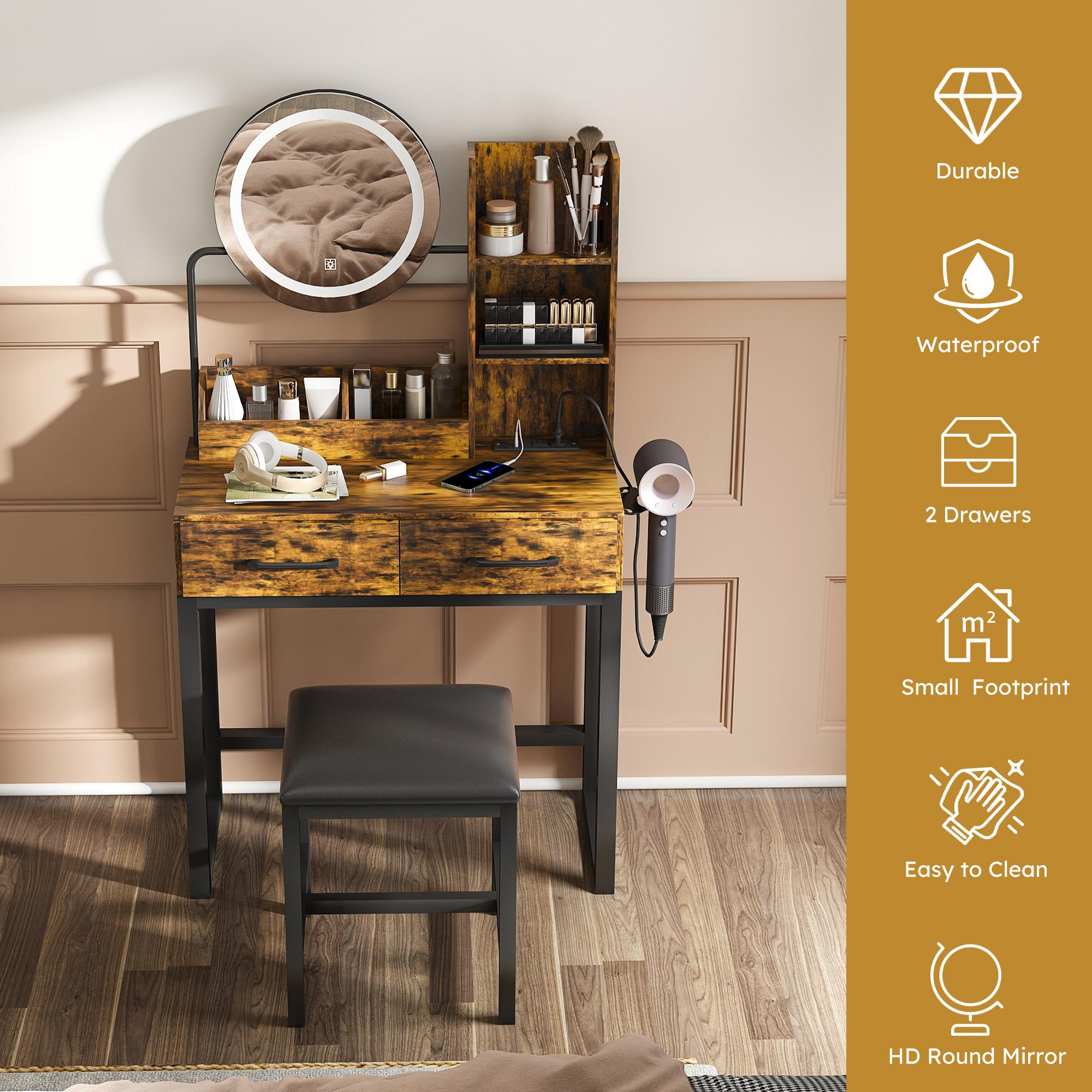 Small Makeup Vanity Desk with Large Mirror and Lights, Vanity Table with 2 Storage Drawer & Open Shelves, 3 Lighting Colors,LED Mirror Adjustable Brightness Brown Makeup Vanity