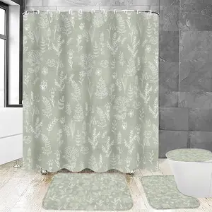 4Pcs Green Leaves Shower Set with Rugs Plants Floral Rustic Set Vintage Sage Set with Shower and Rugs and Accessories 12