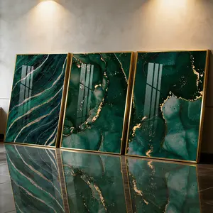 3Pcs Aluminum Alloy Framed Painting, Emerald Green Gold Marble Texture Picture, Home Decoration For Living Room, Bedroom, Office, Restaurant, Hallway Wall Decor, Odorless Print Artwork, Luxury Perfect Gift For Friends And Family