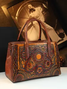 Vintage Tannery Craft Embossed Handbag, Traditional Floral Pressed Large Capacity Commuter Bag, Mom Style Shoulder Crossbody Bag