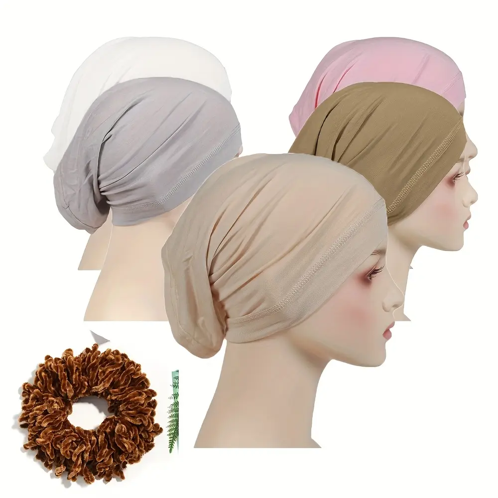 A Set of 6 Women'S Wide-Brimmed Muslim Headscarf Hats Made of Polyester Fiber Knit, Featuring One Large Circle, Elastic, Moisture-Wicking, Fitted, Sui
