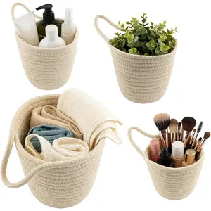 4 Pack Hanging Woven Basket, Small Hanging Basket for Wall, Boho Style Cotton Rope Storage Organizer, Woven Wall Baskets for Home Decor (Beige, 5.5" x 5.5")