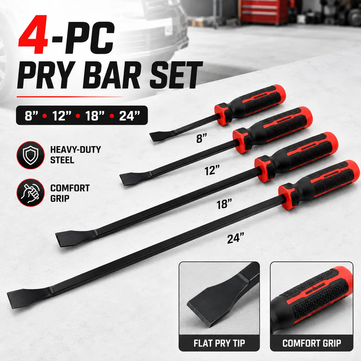 4PCS Pry Bar Set, Heavy Duty Steel Pry Bars, Flat Pry Tools, Non-Slip Comfort Grip Handles, Protective Tip Cap, Auto Repair Tool, Trim Removal Tool, Lifting Scraping Workshop Hand Tools