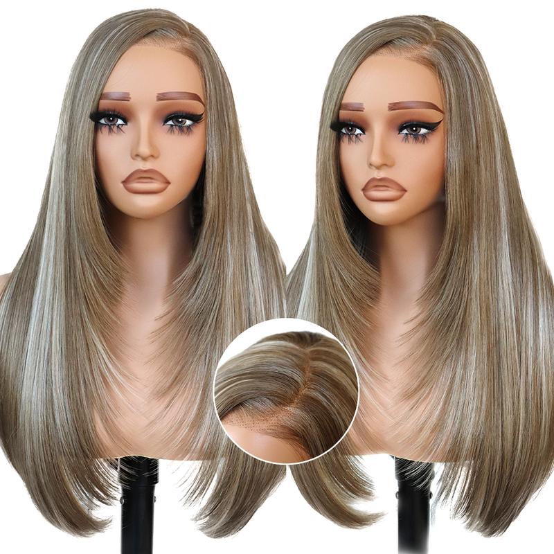 Synthetic 9x7 Glueless C-Part Layered Wig Wear and Go Lace Front Straight Wig Pre Plucked Pre Cut Vivid Self Growing Clean Hairline with Tiny Knots