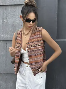 A sleeveless button-up vest for women featuring brown-orange ethnic patterns, with a vintage and unique style, suitable for street fashion shoots, creative markets, or niche fashion and casual spots like retro-style coffee shops, Casual Comfy Vest