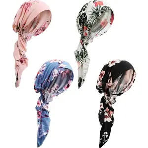4 Pieces Womens Hijab Cancer Chemo Flower Print Turban Cap Cover Hair Loss Head Scarf Wrap Pre-Tied Headwear