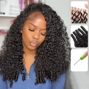 [Lowest Price] Mihugass 100% Crochet Human Hair Burmese Curly Wave Pre Separated Miracle Knots Hair Bundles 50g/Pack Feather Crochet Human Hair Extensions Curly & Water Wave Textures with Crochet Hook Natural Black