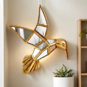 Creative Resin Material Golden Hummingbird Home Decoration Aesthetic Design Craft Wall Hanging Wall Art Hanging Surface Inlaid Mirror Hanging Ornament Home Decor Ornaments