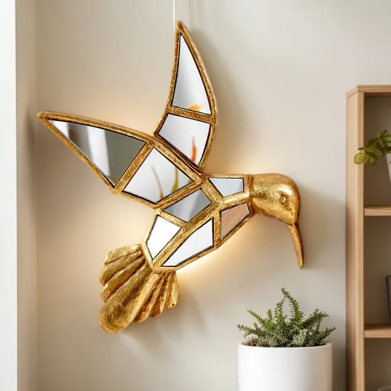 Creative Resin Material Golden Hummingbird Home Decoration Aesthetic Design Craft Wall Hanging Wall Art Hanging Surface Inlaid Mirror Hanging Ornament Hanging Room Decor Home Decor Ornaments