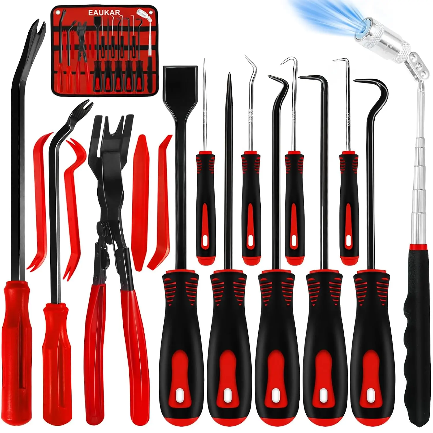 17Pcs Hook and Pick Tool Set with Scraper Auto Clip Removal Plier Fastener Remover Rivets Puller Mechanic Car Trim Removal Tool Kit Gasket Telescoping Magnetic Pickup Hand Automotive Tools (Red)