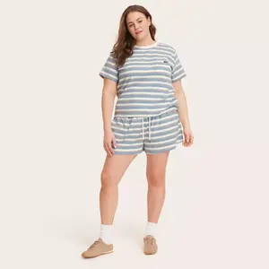 Women's High-Rise Drawstring Knit Pull-On Shorts - Parke Light Blue/Orange Striped 1X